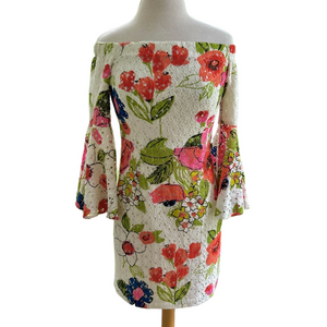 Trina Turk Miley White Floral Size 0 Dress Lace Boho Off Shoulder Bell Sleeve